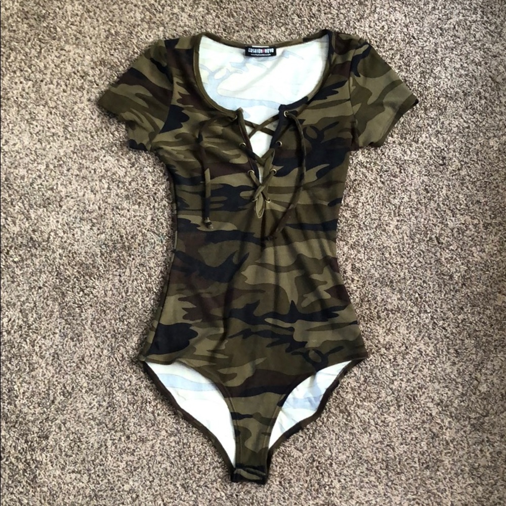 Fashion Nova Camouflage Lace Up Bodysuit
